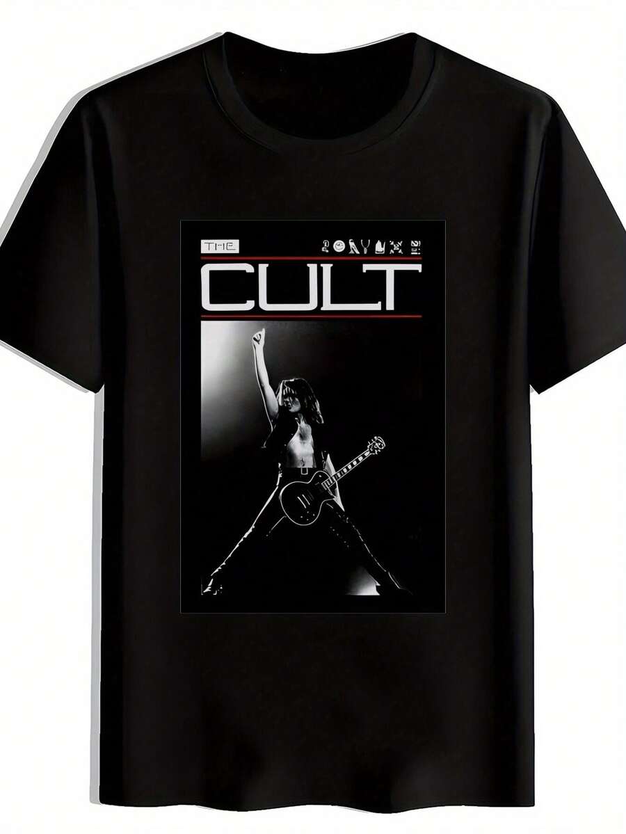 Chemise pour hommes avec graphique de groupe de rock - Impression rétro de heavy metal. Manches courtes. Col rond. Polyester. Tenue décontractée d'été. Noir avec design blanc. Vêtements pour fans de musique. Chemise de groupe de rock. Chemise avec graphique attrayant. - Noir - Voir 1