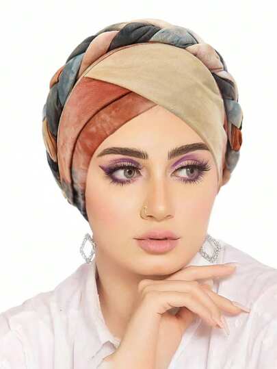 1pc New Fashion Women Tie-Dye Braided Turban Hat, Tie Dye Color Headband Cap, In Europe And America Hair Sleep Cap