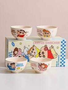 CRAYON SHINCHAN 4个蜡笔小新陶瓷汤碗 - 4.5英寸瓷质深碗，耐刮擦，可微波炉加热，适合盛放拉面、麦片、水果、沙拉、意面、燕麦粥、甜点等，是圣诞节和生日礼物的完美之选。