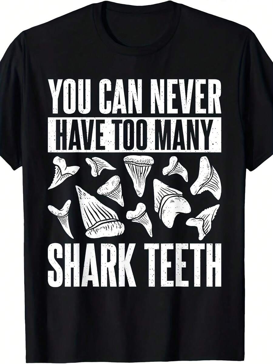 Camiseta de cazador de dientes de tiburón y megalodón 1 pieza Camiseta con estampado de letras de dibujos animados, 220g de algodón puro pesado 100% Camiseta gráfica unisex - Camiseta de algodón suave para uso diario con diseño de impresión genial para hombres y mujeres. - Negro 5 - Ver 1