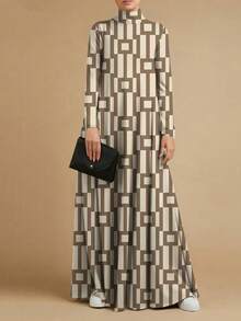 Women's Autumn/Winter Patterned Dress, Loose Fashionable Stand Collar Long Sleeve Dress, Elegant Printed Casual Autumn/Winter Dress - Khaki - View 1