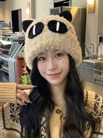 1pc Women's Solid Color Cat Eye Plush Bucket Hat, Fashionable Streetwear Cartoon Cute Knitted Cap, Versatile Winter Warm Beanie Suitable For Daily Use Cold Weather Outfit Women