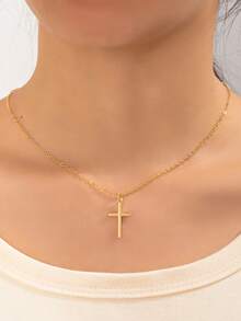 1pc Minimalist Cross Pendant Necklace, Unisex Clavicle Chain For Sweater - Gold - View 1