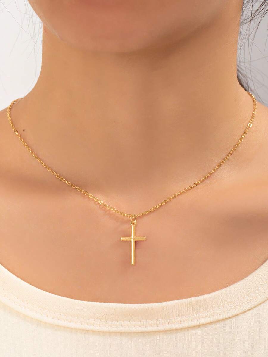 1pc Minimalist Cross Pendant Necklace, Unisex Clavicle Chain For Sweater - Gold - View 1