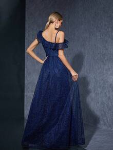 Embroidered Lace Off‑The‑Shoulder Spaghetti‑Strap Evening Gown With Ruffled Neckline And Front Slit (Luxury) - Navy Blue - View 2