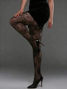 1pc Women's Jacquard Fishnet Stockings, Vintage French Floral Rose Bouquet Patterned Hollow Out Sexy Black Fishnet Tights - Black - View 4