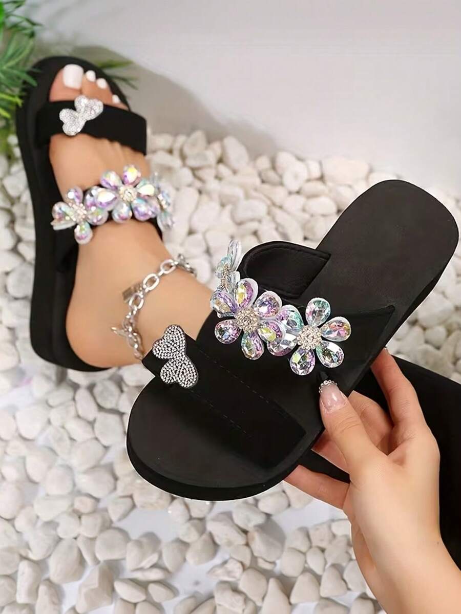 2025 Neue Damen Blumen Strass Plateau-Slipper, bequeme Plateausohle, geeignet für täglichen Weg zur Arbeit/Urlaub/Strand, koreanischer süßer & cooler Stil - Schwarz - Übersicht 1