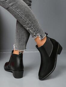 Women's Autumn/Winter New Side Zipper Chelsea Ankle Boots, Fashionable & Comfortable Black Elastic Pointed Toe Chunky Heel Western Boots
