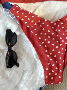 Bộ bikini nữ mới, kiểu dáng thường ngày, dễ thương, in hình trái tim màu đỏ, gồm áo và quần tam giác, thích hợp cho kỳ nghỉ biển. - Đỏ - Xem 6