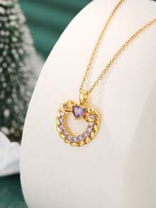1pc Stainless Steel Gold Chain With Purple Heart & Circle Pendant, Minimalist Design, Unisex Necklace Suitable For Casual, Street, Christmas, Halloween, Party, Daily Wear (OPP Bag Packaging) - Yellow Gold - View 1