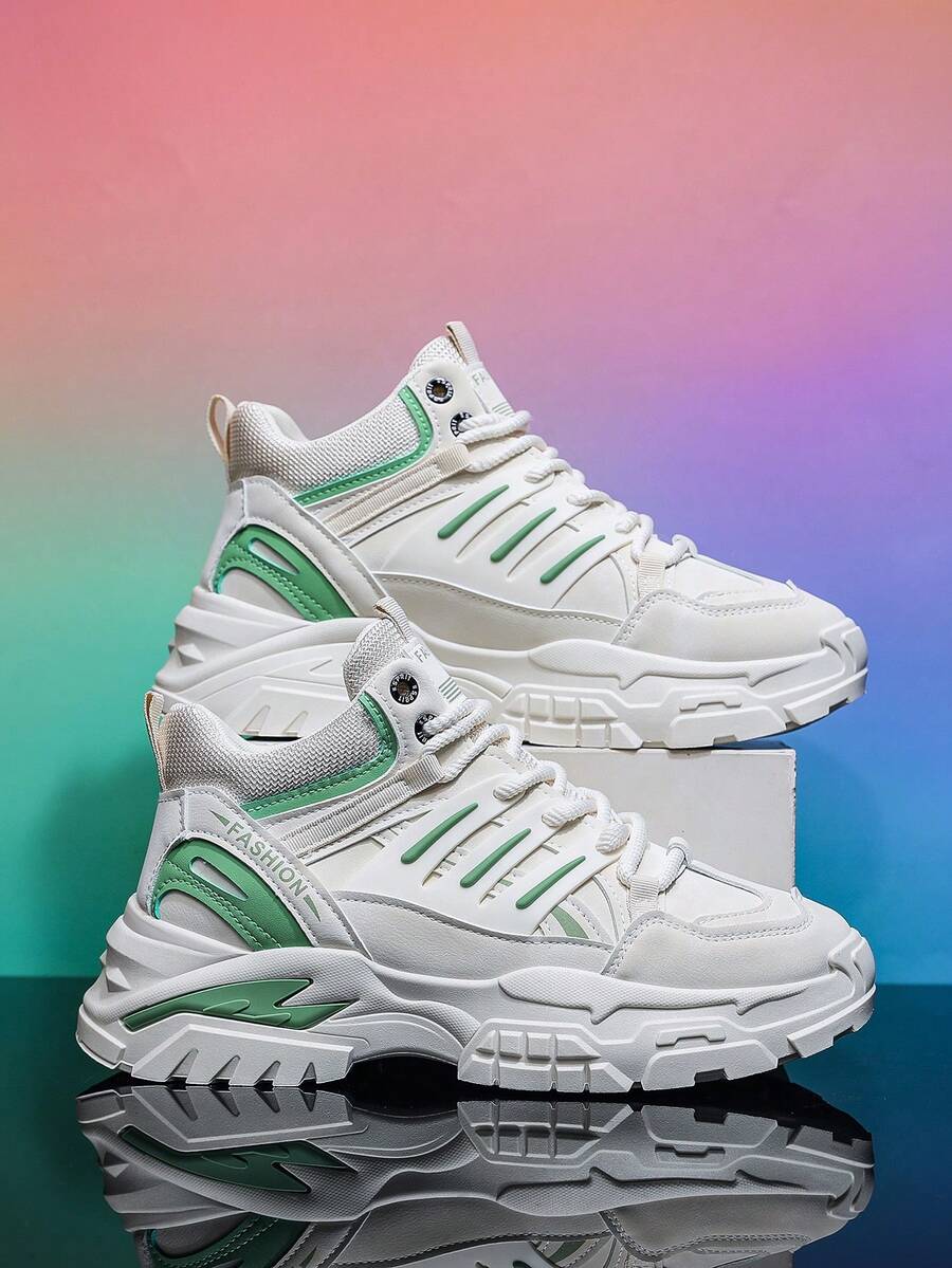 White Sneakers, Men's Casual Sneakers, New Fashionable Sneakers, Comfortable, Versatile Thick-Soled Heightening Sneakers Mid Top Lace Up Men's Hiking Shoes - Beige - View 1