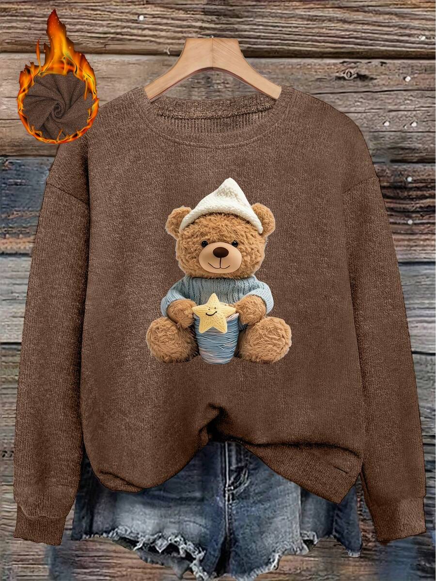 Women's Cartoon Bear Graphic White Hat, Blue Sweater With Star Cup Pattern, Casual Warm Faux Wool Pullover, Suitable For Autumn/Winter, Autumn Outfit, Warm Clothing, Winter Outfit, Jacket, Party Outfit, Holiday Outfit, Elegant Party, Cozy Home Party, Autumn Wear, Warm Clothing, Cold Weather Outfit, Outerwear Top, Graphic Tee - Dark Ochre - View 1