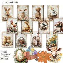 52pcs(12 Cards+40 Stickers) Farm Spring Easter Theme, With Lamb, Bunny, Rabbie, Colorful Egg Patterns, Suitble For Holidy Flag Decor , DIY Craft, Album Decor, Greeting Cards, DIY Crafts, For Friends - White - View 1