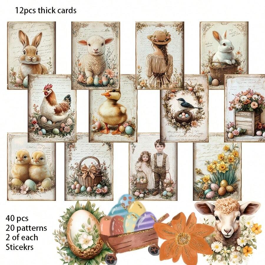 52pcs(12 Cards+40 Stickers) Farm Spring Easter Theme, With Lamb, Bunny, Rabbie, Colorful Egg Patterns, Suitble For Holidy Flag Decor , DIY Craft, Album Decor, Greeting Cards, DIY Crafts, For Friends - White - View 1
