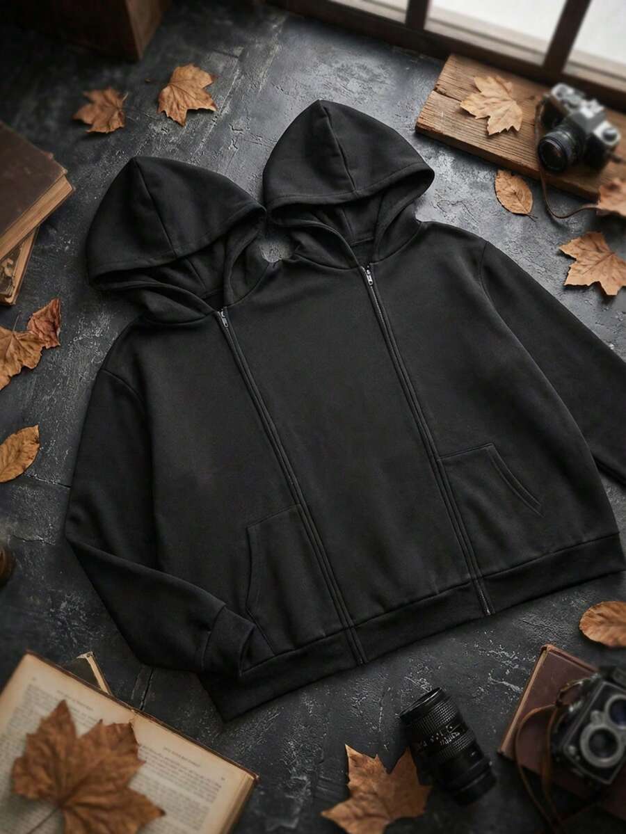 超大款长款拉链连帽衫，带口袋，适合女性穿着，是闺蜜和情侣的理想之选，用途广泛，适合度假、上学、居家、日常穿着、街头潮流，以及秋冬春季穿着。 - 黑色 - 查看 1