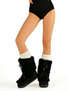 Knee High Boots For Women Mid-Calf Flat Fuzzy Boots Round Toe Slip On Boots Lace Up Bow Comfortable Boots Party Dressy Outdoor Fashionable Fashion Boots - 黑色-B - 查看 5