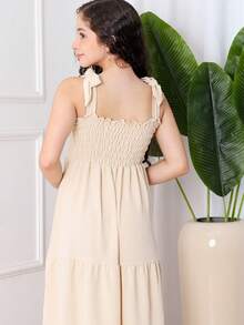 Girls' Long Three-Tiered Dress With Straps | Duna Fabric | Elastic Back | Sizes 12 To 16 - 米色 - 查看 4