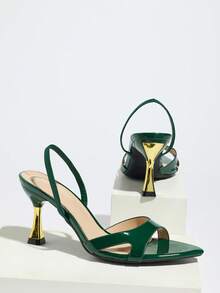 女士高跟鞋，时尚高端独特撞色酒杯鞋跟尖头亮面交叉绑带，高品质柔软镜面材质，性感优雅踝带，舒适透气，适合任何正式场合，橄榄绿百搭女士正式凉鞋，魅力高跟鞋 - 墨綠色 - 查看 6