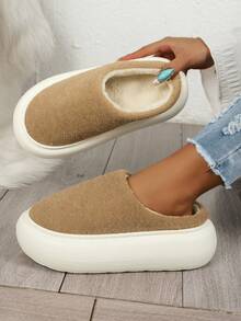 Pantuflas casuales de otoño para mujer, con parte superior de felpa y forro térmico, cálidas, suaves, ligeras y cómodas, de fácil deslizamiento para usar en interiores y en casa - Marrón - Ver 1