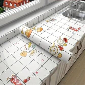 1 Roll Kitchen Decorative Wallpaper, Cute Food Cartoon Pattern Sticker, Waterproof Anti-Fouling Heat Resistant Kitchen Wall Protector