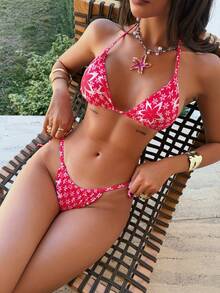 Sultry Sol Conjunto de bikini de mujer con cuello de halter, sexy, elegante y cómodo, con estampado de hoja de arce, tela de alta elasticidad, decoración con colgante metálico, adecuado para primavera/verano, playa, resort, piscina, fiesta, traje de baño de 2 piezas - Rosa Fucsia - Ver 6