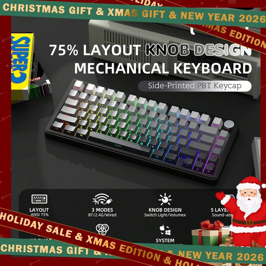ATTACK SHARK X85 Gasket Mechanical Keyboard With Knob,75% Tri-Mode(BT5.0/2.4G/USB-C) Wireless Gaming Keyboard &Five-Layer Padding, RGB,5000mAh, Hot-Swappable Side Print PBT Keycaps- Holiday Xmas Gift, New Year 2026 Edition For Women - Multicolor - View 1