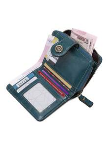 MIYIN 复古镂空对折女士钱包，时尚多功能短款钱包，拉链手拿包，便携商务休闲风格，带卡槽和拉链口袋，可存放信用卡/身份证/现金，女士生日/周年纪念礼物 - 水鴨藍 - 查看 4