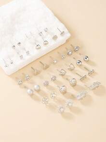 40pcs/Set Fashionable Minimalist Metal Rhinestone & Glass Stud Earrings Set, Floral & Letter Design, Jewelry Gift Set For Women, Suitable For Daily Wear - Silver - View 2