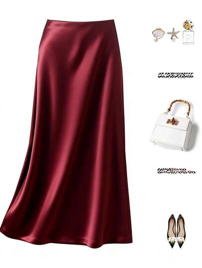 大码女士酒红色半身裙，女士纯色长款优雅缎面半身裙，适合派对穿着。春夏女士半身裙，圣诞节、新年、情人节等节日皆宜，尽显优雅派对风范。