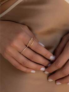 3件套时尚叠戴戒指，金色合成锆石，波西米亚风性感款，适合音乐节、度假及日常佩戴（无包装盒） - 金色 - 查看 4