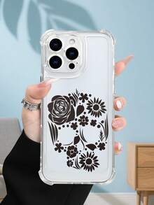 1PC Funda transparente con diseño de calavera floral en negro estilo artístico y retro protección contra caídas delgada ideal para mujeres uso diario diseño elegante y misterioso regalo perfecto para pareja funda transparente resistente a golpes, compatible con Apple Phone17/16/15/14/13/12/11/XS/XR/X/PLUS/PRO/PROMAX agarre cómodo regalo festivo para amigos, novia, novio, familia - transparente - Ver 4