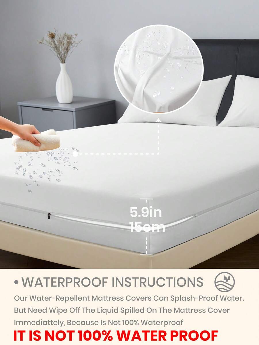 1件防水拉链床垫保护套，适用于5.9-9英寸厚的床垫，不含枕套，适用于单人床、双人床、大号床、特大号床，透气静音，可水洗，低过敏性，高品质拉链床垫垫，理想的家居礼品，卧室装饰，白色 - 白色(床單高15cm) - 查看 1