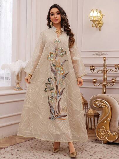Women's Elegant Jalabiya Dress With Embroidered Mesh V-Neck Long Sleeve