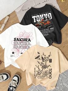 3件套夏季新款简约趣味赛车与日式花鸟印花组合休闲圆领短袖T恤，时尚百搭女式上衣 - 黑白和杏色 - 查看 1