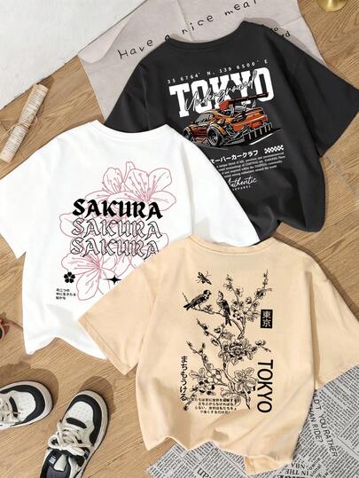 3件套夏季新款简约趣味赛车与日式花鸟印花组合休闲圆领短袖T恤，时尚百搭女式上衣
