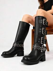 Vintage Metallic Buckles Knee High Boots For Woman Round Toe Wide Calf Riding Fashion Chunky Heel Pull On Y2K Motorcycle Boots - 黑色 - 查看 3