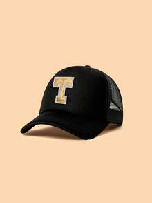 Mũ lưỡi trai trẻ em màu đen, in 26 chữ cái theo yêu cầu, họa tiết chữ bằng vải đính kim sa vàng, kiểu dáng thời trang, tinh tế, đa năng, nhẹ, thoáng khí với thiết kế đục lỗ, thích hợp làm quà tặng sinh nhật, ngày lễ, phù hợp cho bé trai và bé gái sử dụng hàng ngày ngoài trời, đi học, giải trí vào mùa xuân hè. - màu đen - Xem 31