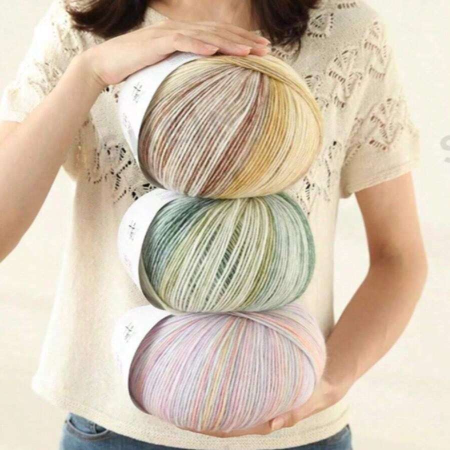 1pc Cotton Gradient Dyed Yarn, Handmade For Knitting Scarf, Hat, Blanket, Soft Single Ply Yarn, Diameter 4.0mm, Weight 200g - Multicolor - View 1