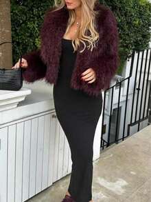 Seelio Women's Autumn/Winter Faux Fur Short Jacket, Warm, , Oversized, Fashionable, Viral New Arrival Thick Winter Coat - Burgundy - View 5