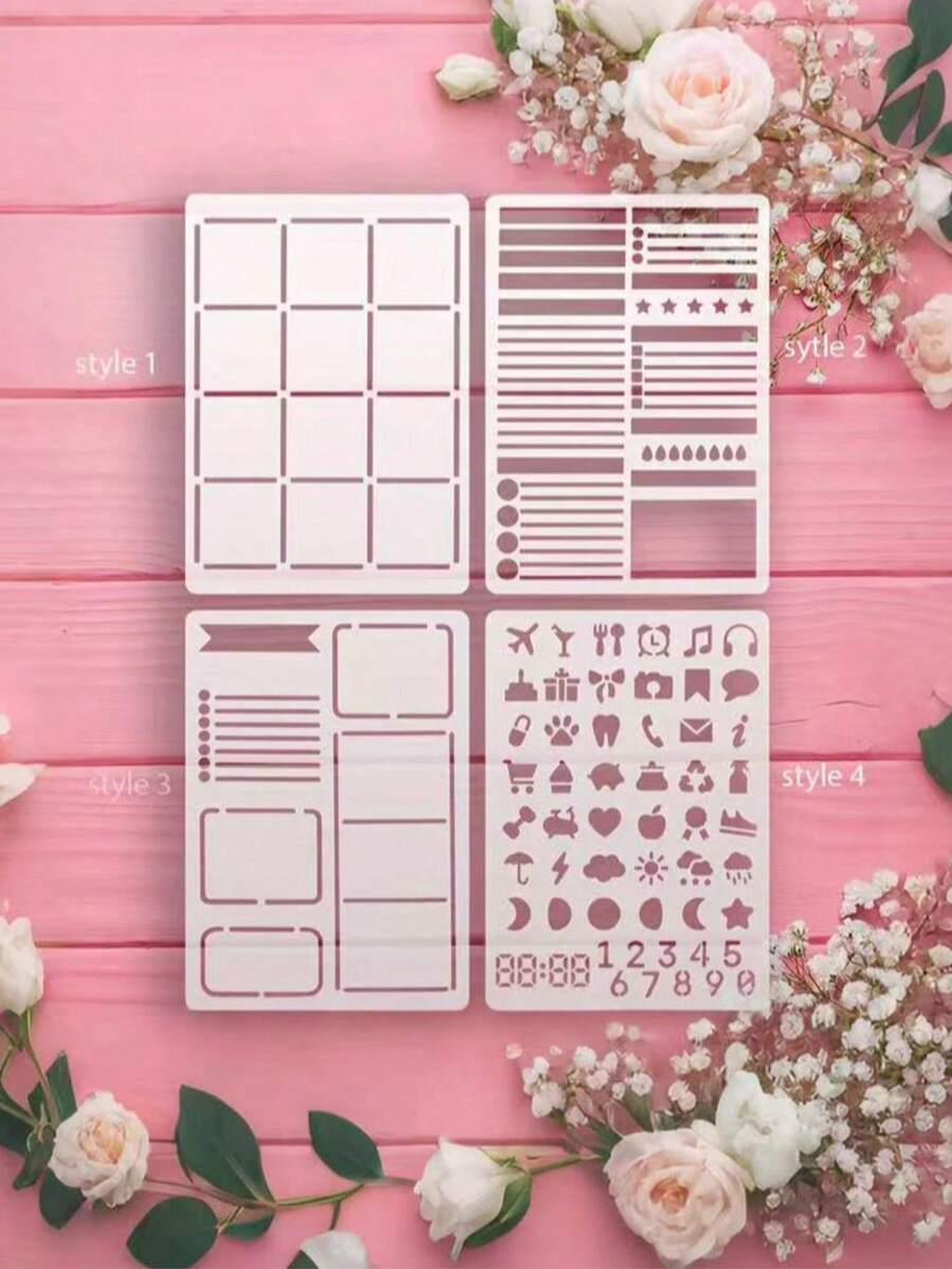 Reusable 4pcs Journal Stencil Set - 5.83x4.43" Planner & Diary Templates With Monthly Overview, Daily Layouts & Icon Designs For A5/A4 Notebooks