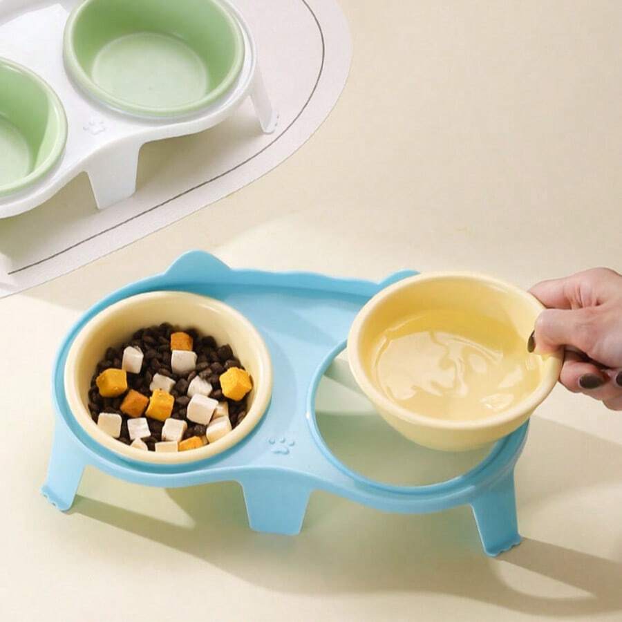 Elevated Ceramic Cat Bowls With PP Stand For Food & Water – Whisker Fatigue Shallow Food Dish, Lead & Cadmium-Free, Raised Height For Cats