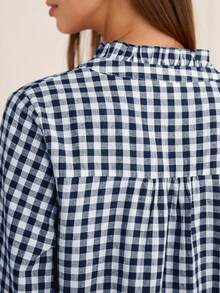 Áo sơ mi nữ kẻ caro, kiểu dáng cổ điển với hàng cúc phía trước, áo polo tay dài phối màu kẻ caro dáng rộng, cài một hàng cúc. - Màu xanh lam - Xem 3