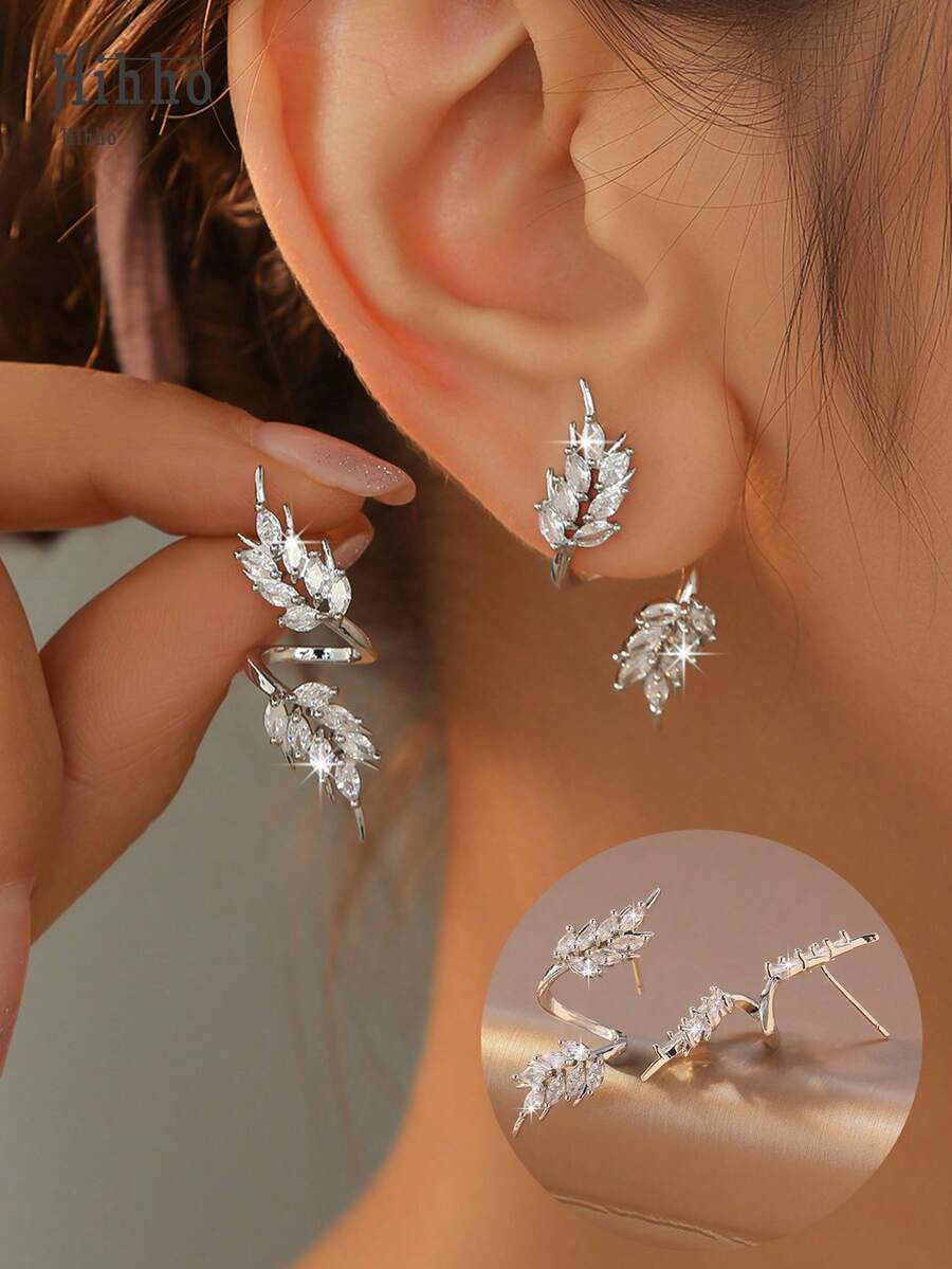 Hihho 女士银色树叶耳钉一对，藤蔓缠绕简约耳环，适合万圣节、节日和日常佩戴，树叶耳环，精致的女士珠宝配饰 - 銀色 - 查看 1