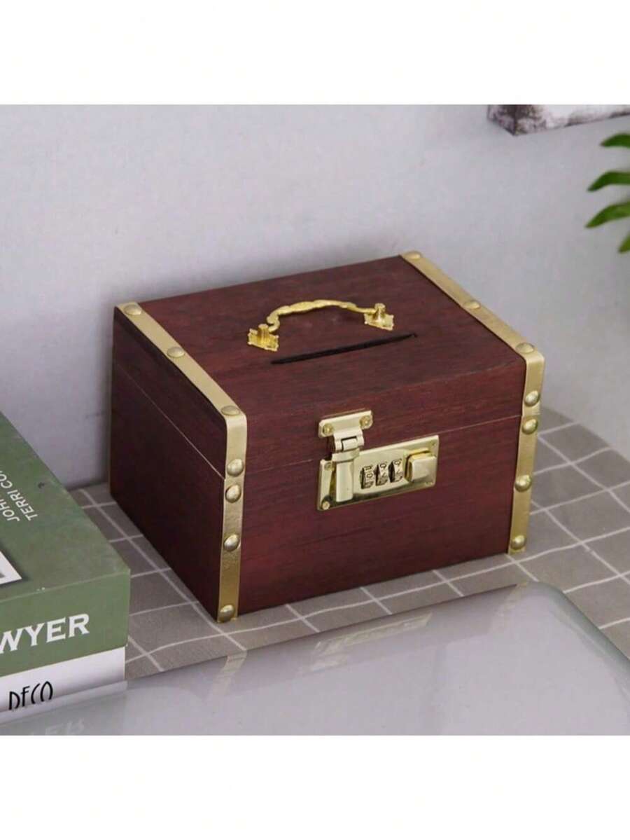 1pc Retro Money Tank Password Lock Wooden Savings Tank For Children Simple Household Log Storage Box With Lock Gift - Coffee Brown - View 1
