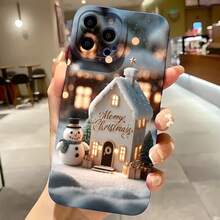 2026 nueva funda de teléfono esmerilada, funda de teléfono de casa navideña y muñeco de nieve con texto de Feliz Navidad para iPhone 17 14 13 12 11 Pro Max Se 2020  Galaxy S23 S22 S21 S20 A53 A52 A51 A72 A73 A71 funda de teléfono para pareja regalo para novio novia regalo de vacaciones - Blanco antiguo - Ver 4