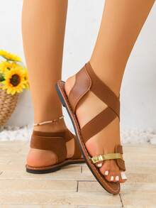 女士宽楦可调节交叉绑带平底凉鞋，软底舒适休闲百搭凉鞋，户外沙滩优雅金色条纹装饰平底凉鞋 - 棕色 - 查看 5