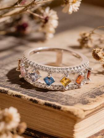 1pc Diamond-Shaped Double-Layer Ring, 925 Sterling Silver Cubic Zirconia Jewelry For Chic Occasions, Birthday Gift, Elegant Present