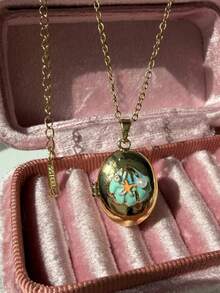 Retro Romantic Gold-Color Asymmetric Photo Box Necklace Colorful Oil-Dipped Heart Shell Necklace Daily Elegant Layered Jewelry For Women, Picture Locket Photo Necklace (No Box) - Multicolor - View 12