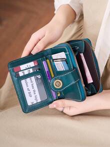 MIYIN 复古镂空对折女士钱包，时尚多功能短款钱包，拉链手拿包，便携商务休闲风格，带卡槽和拉链口袋，可存放信用卡/身份证/现金，女士生日/周年纪念礼物 - 水鴨藍 - 查看 7