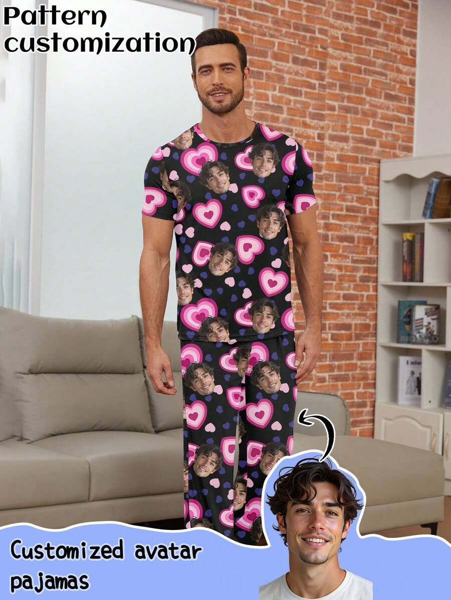 Customized Men's Short Sleeve Pajama Set, Can Print Any Pattern, Personalized Pajamas With Photos, Funny Customized Images, Comfortable Sleepwear. Suitable For Valentine's Day, Birthday, Gifts, Personalized, Colorful, Cute, Witty, Unique, Exclusive, Ideal Boyfriend Gift, Suitable For Boyfriend, Family, Friends, Elders, Fashionable For Autumn, Holiday Party - Black - View 1